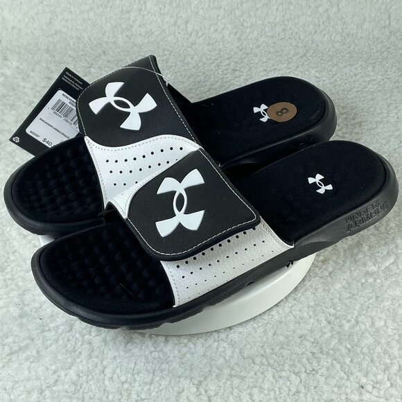 Under Armour Slides Mens 8 Black White Ignite Pro Adjustable Cushioned NWT - Picture 1 of 8